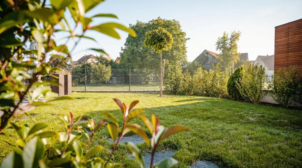 Jardin extérieur luxuriant avec banc en bois rustique entouré de massifs floraux colorés