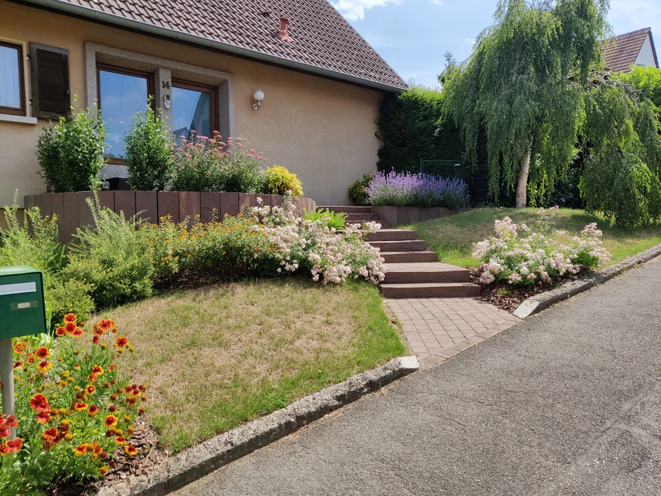 Un joli petit jardin urbain à l'arrière-cour avec patio pavé tumultueux, des pierres de pas de pierre de taille et une variété d'arbres, d'arbustes et de plantes vivaces ajoutent de la couleur et de l'intérêt toute l'année