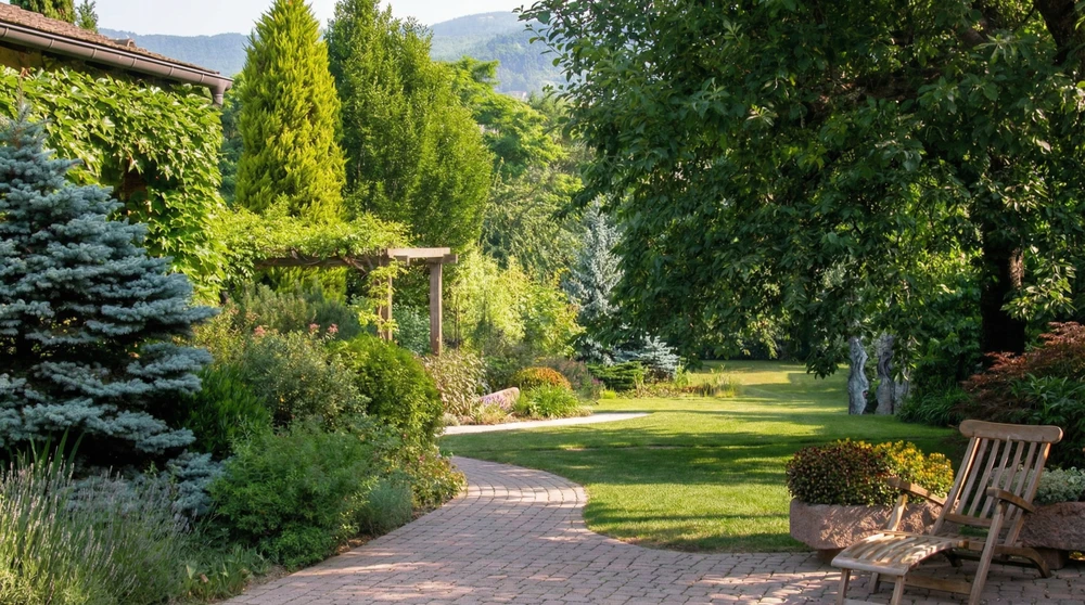 Jardin contemporain avec terrasse en bois exotique, mobilier design empilable noir, voile d'ombrage triangulaire beige tendue au-dessus