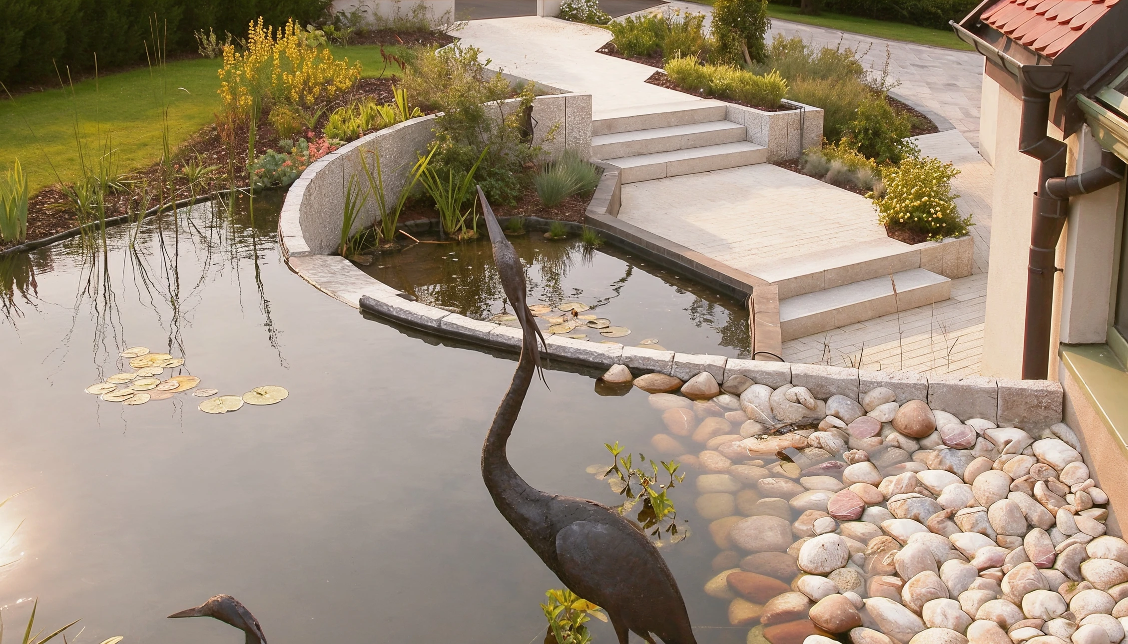 Extérieur tropical luxueux avec pavillon de détente en bois exotique, lit daybed avec coussins blancs, draperies beiges, plancher en teck