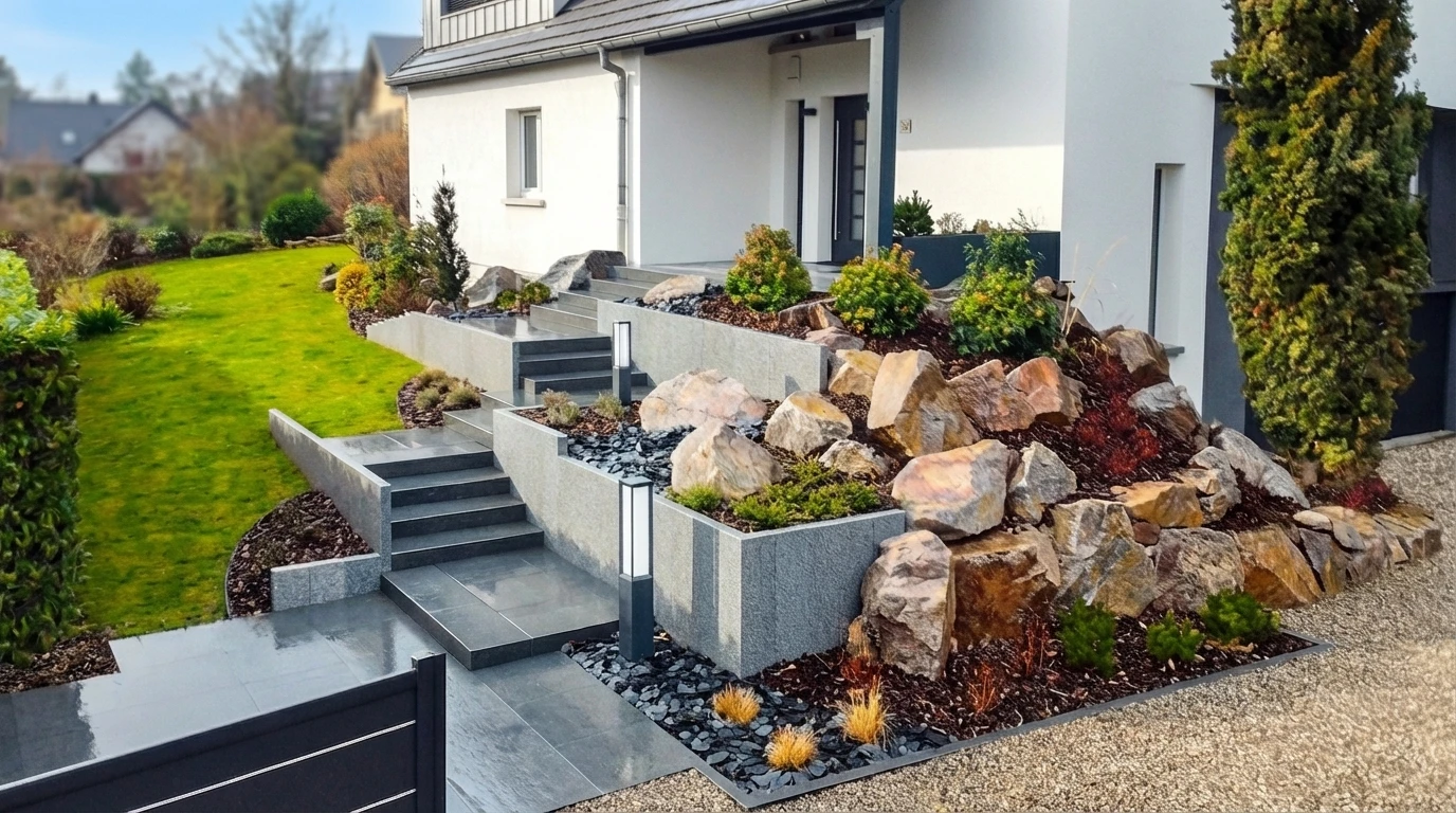 Escalier intérieur d'immeuble résidentiel avec rampe en fer forgé noir, marches en pierre calcaire, murs peints en orange et turquoise
